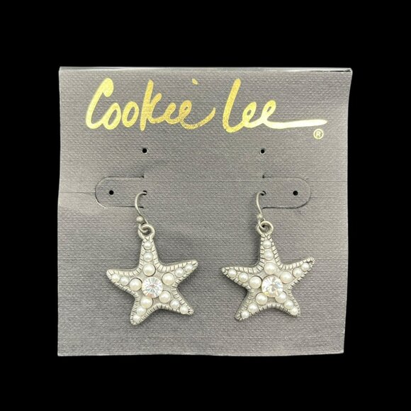 VTG Cookie Lee Earrings Starfish Faux‎ Pearls Rhinestone Dangle Silver Tone NEW - Picture 2 of 4